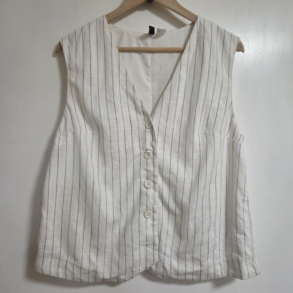 H&M Divided Linen Blend Pinstripe Button Front Vest Sleeveless Waistcoat Medium
